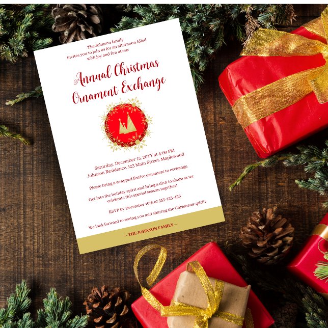 Invitation Traditional Snowflakes Christmas Ornament Exchange (Traditional Snowflakes Christmas Tree Ornament in Red and Fake Golden Invitation.)
