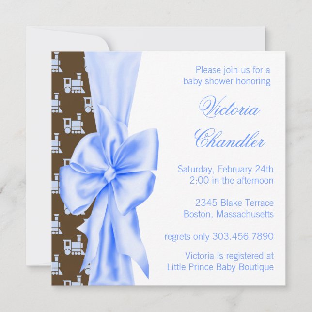 Invitation Train Brown et bleu Baby Boy Douche (Devant)