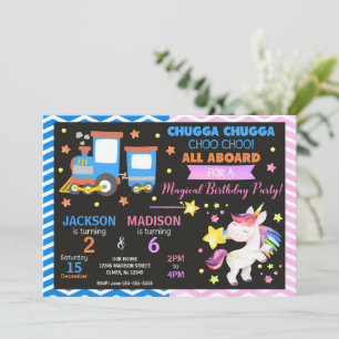 Invitation Train Choo Choo & Licorne Anniversaire Commun