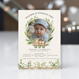 Invitation Train en bois Verdure Photo Premier Anniversaire