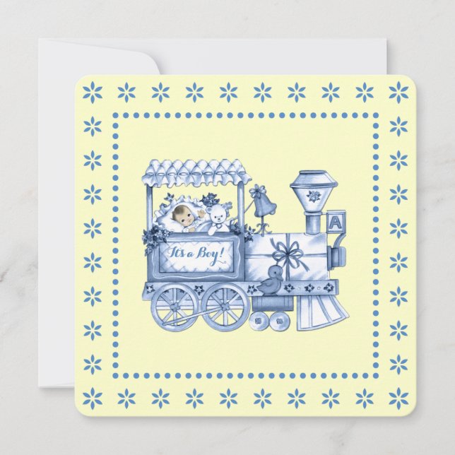 Invitation Train jaune et bleu Baby Boy Douche (Devant)