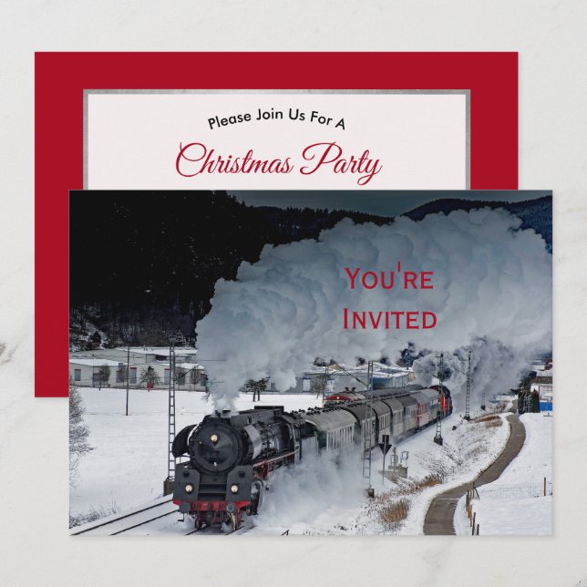 Invitation Train Steam Locomotive Photo de neige Noël (Devant / Derrière)