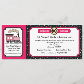 Invitation Train Ticket Birthday Party - Hot Pink et Back