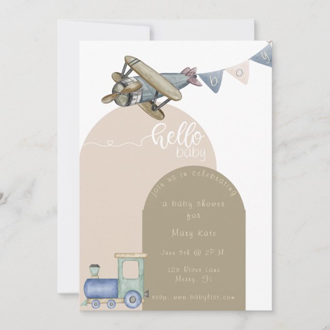 Invitation Trains pour bébé garçon et baby shower en plan (Devant)