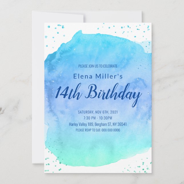 Invitation Trait de pinceau aquarelle bleu doré pailleté (Devant)