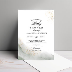 Invitation Traits de pinceau aquarelle verte et or abstraits