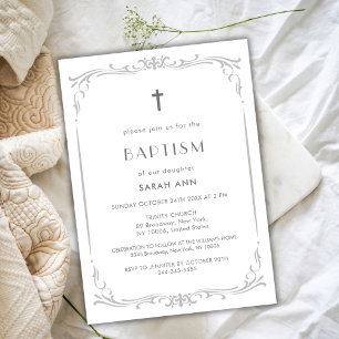 Invitation Trame Vintage Argent Baptême Croix de Christening