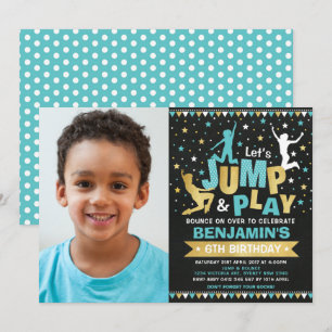 Invitation Trampoline Anniversaire Jump Bounce Blue Gold