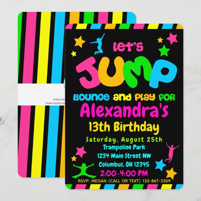 Invitation Trampoline Jump Park Party en néon couleurs (Devant / Derrière)