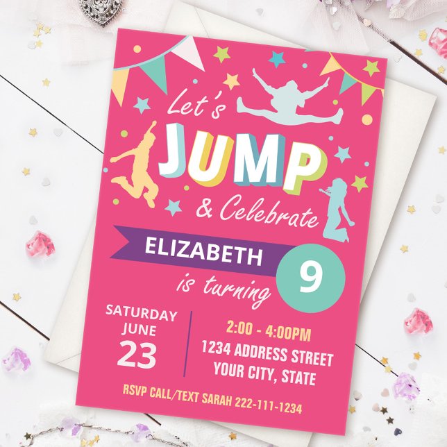Invitation Trampoline parc d'anniversaire rose (Créateur téléchargé)