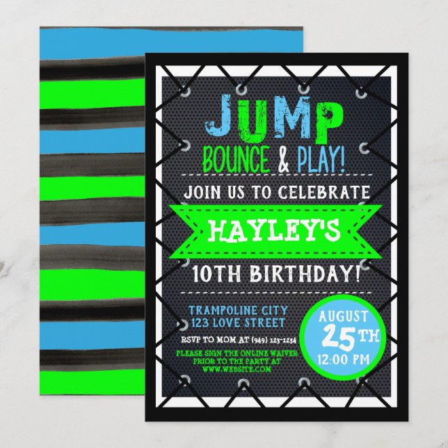 Invitation Trampoline Park Bounce Party Neon Couleurs été (Devant / Derrière)