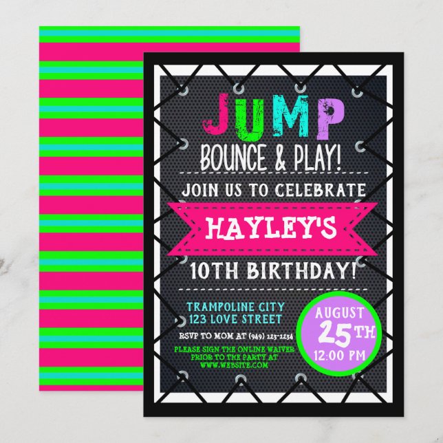 Invitation Trampoline Park Bounce Party Neon Couleurs été (Devant / Derrière)