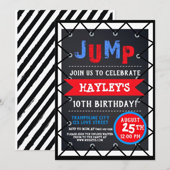 Invitation Trampoline Park Bounce Party Rouge blanc et bleu (Devant / Derrière)