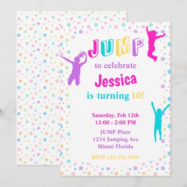 Invitation Trampoline Park Jump Bounce Girls Party (Devant / Derrière)