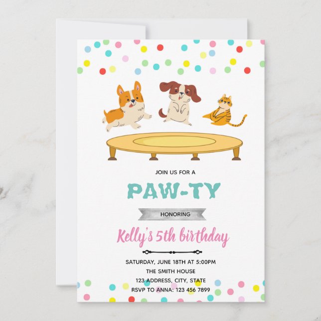 Invitation Trampoline saut chat chien thème pawty (Devant)