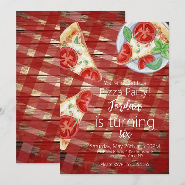 Invitation Tranches de pizza rustique Script de fête d'annive (Devant / Derrière)