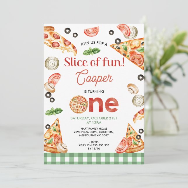Invitation Tranches De Pizza Verte Moderne Plaid Pour Un 1er  (Debout devant)