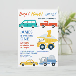 Invitation Transport multicolore moderne 1er anniversaire