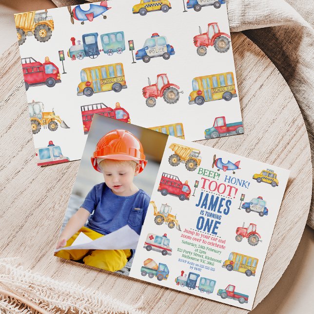 Invitation Transport photo moderne 1er anniversaire Invitatio (Colorful modern transport themed 1st birthday invitation featuring various vehicles and a photo.)