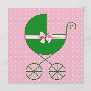 Invitation Transport vert et Baby shower à point rose Polka