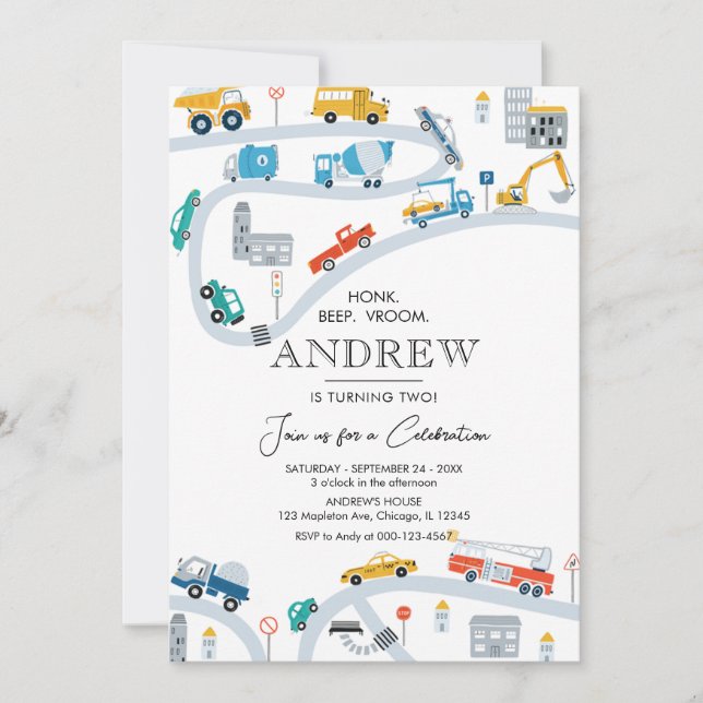 Invitation Transports modernes Camions et voitures Anniversai (Devant)