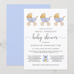Invitation Traverser Baby Boy Douche Retro Carriage Blue