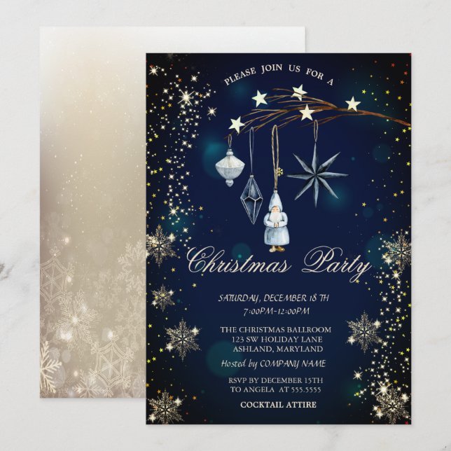 Invitation Tree Branch Decorations Snowflakes Blue (Devant / Derrière)