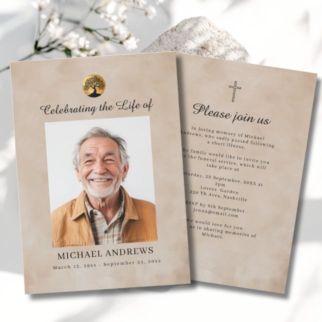 Invitation Tree of Life - Celebration of Life Funeral Photo  (Tree of Life - Celebration of Life  Funeral Photo Cross Beige Invitation)