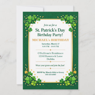 Invitation Trèfle Chanceux Vert Doré Shamrock Fête d'Annivers