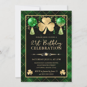 Invitation Trèfle élégant vert et or pour 21e anniversaire