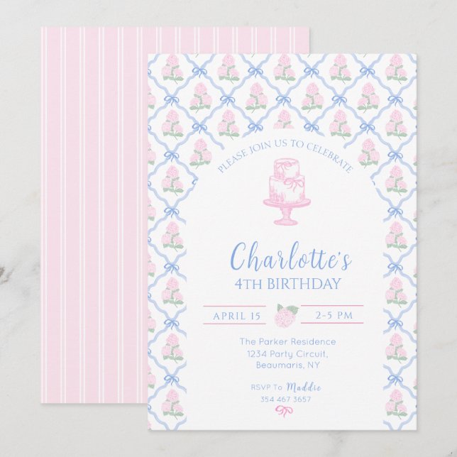 Invitation Trellillis à ruban bleu avec hortensia vert rose (Devant / Derrière)