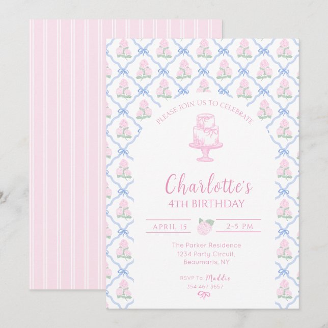 Invitation Trellis à ruban bleu avec hortensia rose vert (Devant / Derrière)