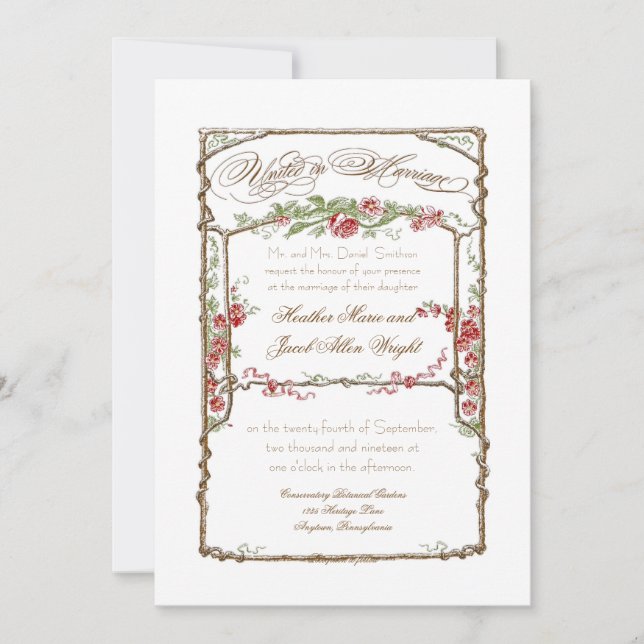 Invitation Trellis Floral Élégant de Mariage aux Roses Rouges (Devant)