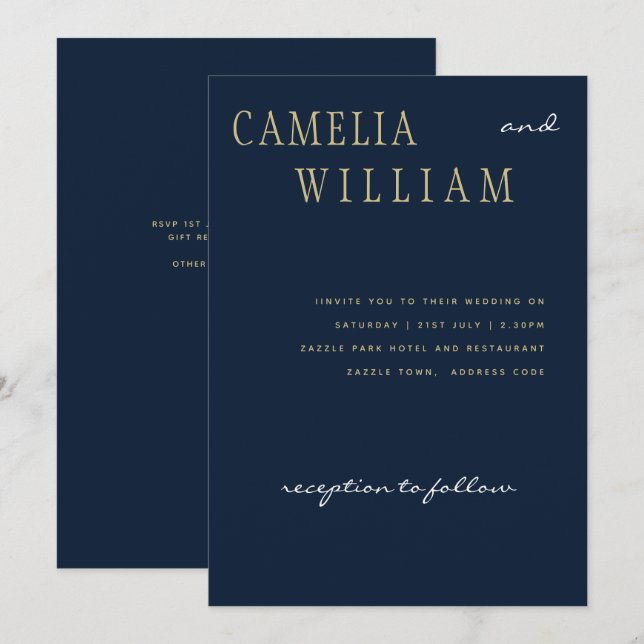 Invitation Trending Modern Mariage Marine Blue Gold Texte (Devant / Derrière)