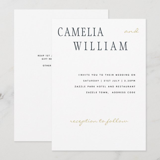 Invitation Trending Modern Mariage Midnight Blue Gold Texte (Devant / Derrière)
