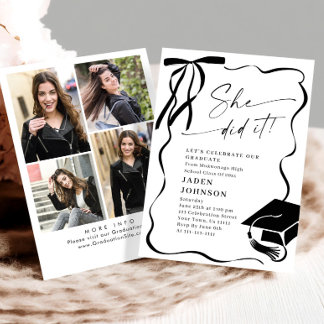 Invitation Trendy Black Bow Ribbon 4 PHOTO Graduation Party
