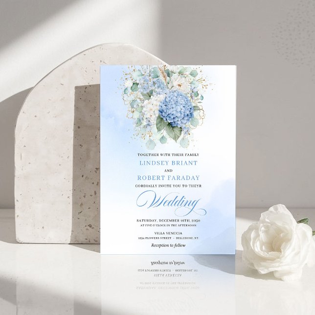 Invitation Trendy Blue Hydrangea Gold Flowers Wedding Invite (Trendy Blue Hydrangea Gold Flowers Wedding Invite)
