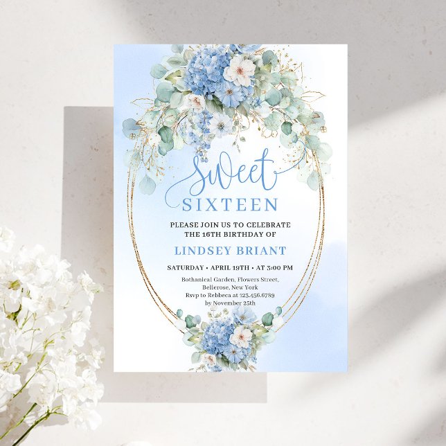 Invitation Trendy Blue Hydrangea Gold Frame 16th Birthday  (Trendy Blue Hydrangea Gold Frame 16th Birthday Invitation)