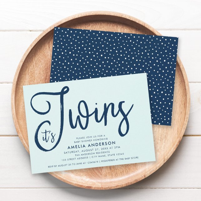Invitation Trendy Blue Script Mint C'est Twins Baby shower (Créateur téléchargé)