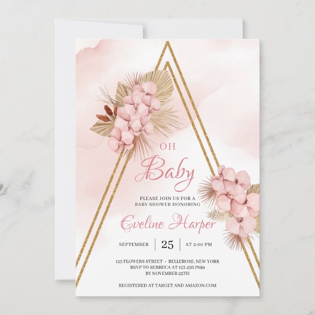 Invitation Trendy Blush rose orchidée séché Palm Oh Baby show (Devant)