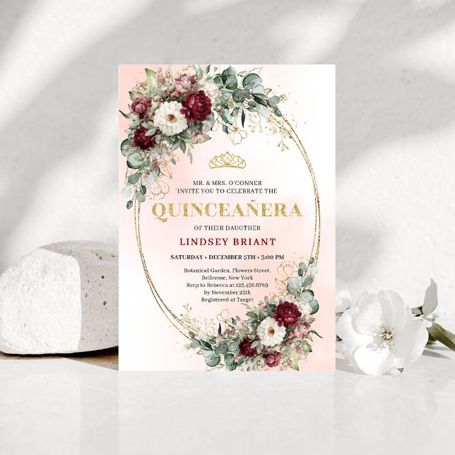 Invitation Trendy Boho Maroon Floral Eucalyptus Quince Invite (Trendy Boho Maroon Floral Eucalyptus Quince Invite)