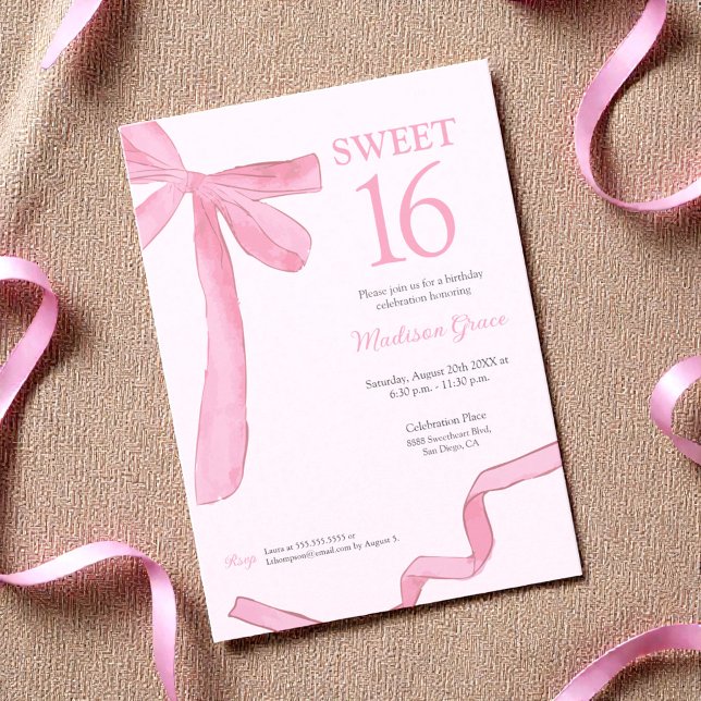 Invitation Trendy Bow Ribbon Coquette Sweet 16 Blush Pink  (Trendy, coquette pink bow Sweet 16 invitation.)