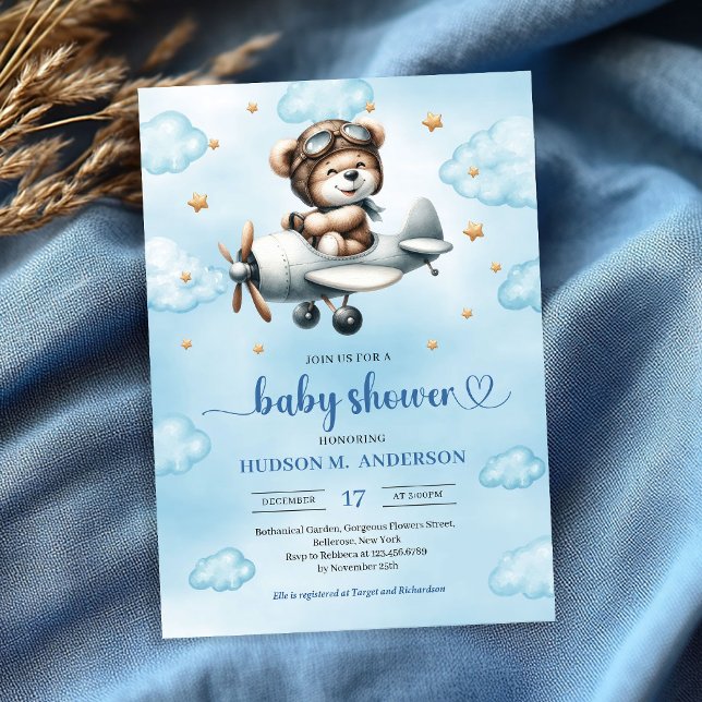 Invitation Trendy Boy Shower Teddy Bear Pilot Blue Brown (Trendy Boy Shower Invite Teddy Bear Pilot Blue Brown

)