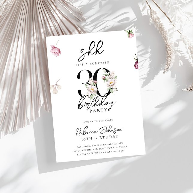 Invitation Trendy Chic Rose Floral Surprise 30e anniversaire (Créateur téléchargé)