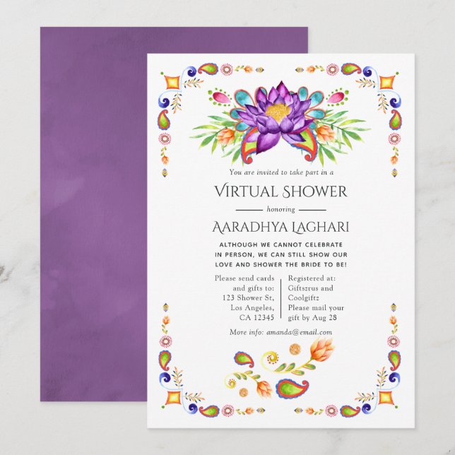 Invitation Trendy Floral Paisley Indian Virtual Douche (Devant / Derrière)