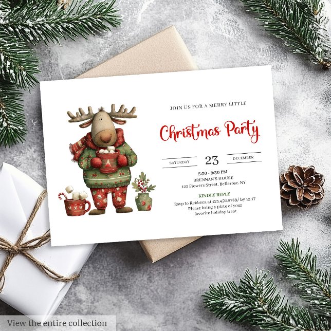 Invitation Trendy Funny Reindeer red green festive invite (Trendy Funny Reindeer red green festive invite)