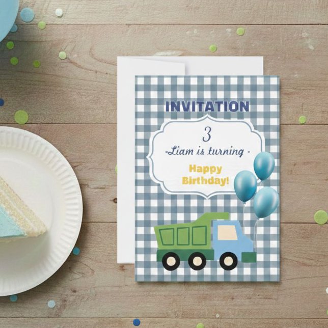 Invitation Trendy Gingham Blue Construction 3rd Birthday  (Créateur téléchargé)