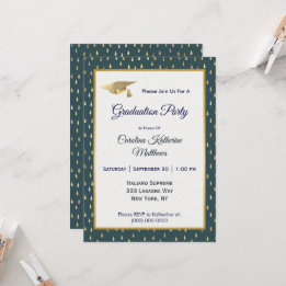 Invitation Trendy Gold Raindrops Slate Grey Graduation 