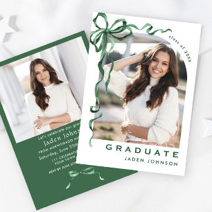 Invitation Trendy Green Bow Ribbon 2 PHOTO Graduation Party