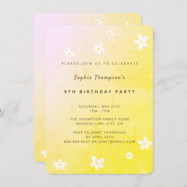 Invitation Trendy Jaune Cute Daisies Fille fête d'anniversair (Devant / Derrière)